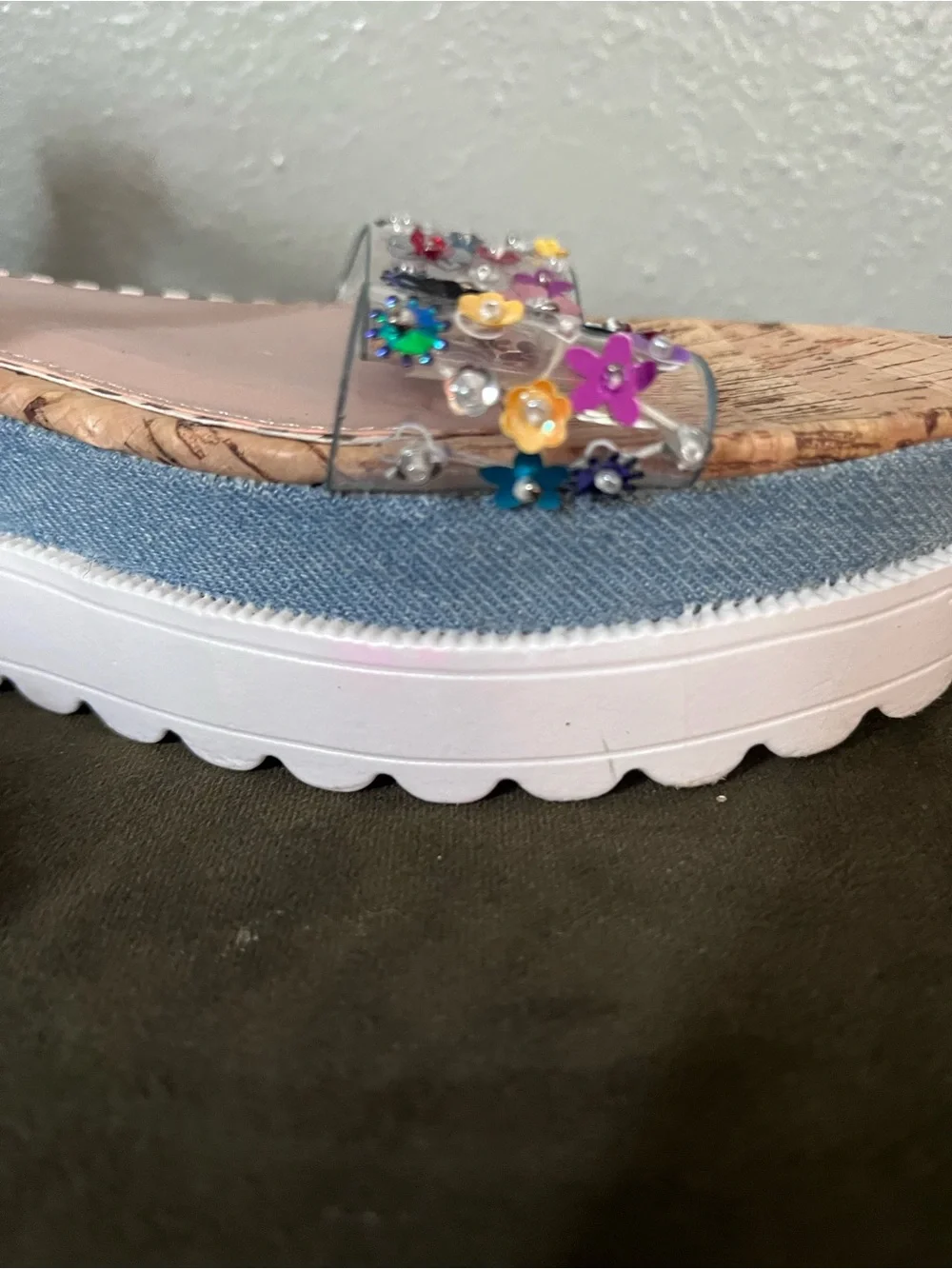 Betsey Johnson Denim Blue Floral Jeweled Platform Sandals
